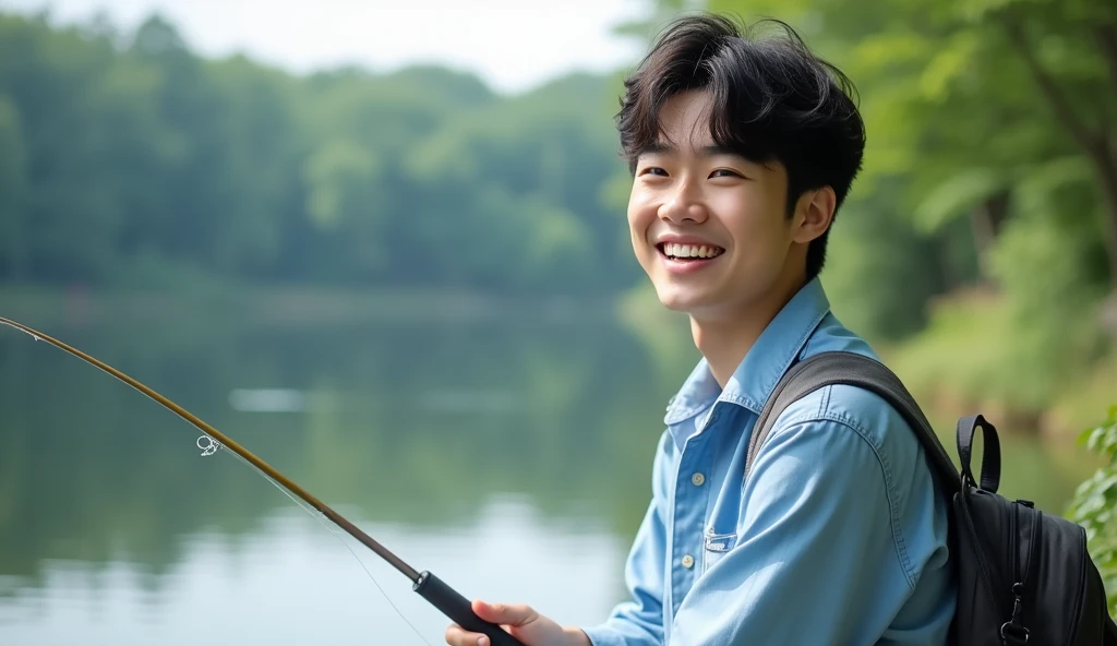 A Japanese male college student wearing fashionable light blue clothes is fishing while looking at the lake with a bright expression,Excited, Photo of your face, Beautiful natural background, with a natural look, With a slightly tired look, tilt your face a little, Diagonal orientation, Average face