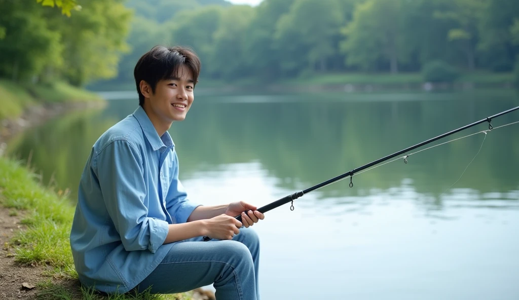 A Japanese male college student wearing fashionable light blue clothes is fishing while looking at the lake with a bright expression,Excited, Photo of your face, Beautiful natural background, with a natural look, With a slightly tired look, tilt your face a little, Diagonal orientation, Average face