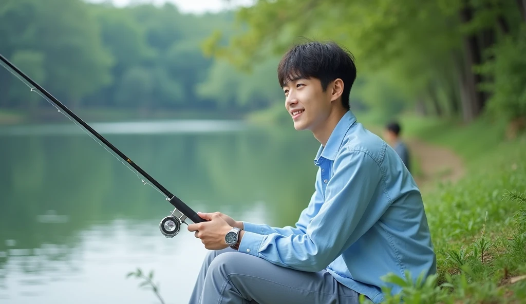 A Japanese male college student wearing fashionable light blue clothes is fishing while looking at the lake with a bright expression,Excited, Photo of your face, Beautiful natural background, with a natural look, With a slightly tired look, tilt your face a little, Diagonal orientation, Average face
