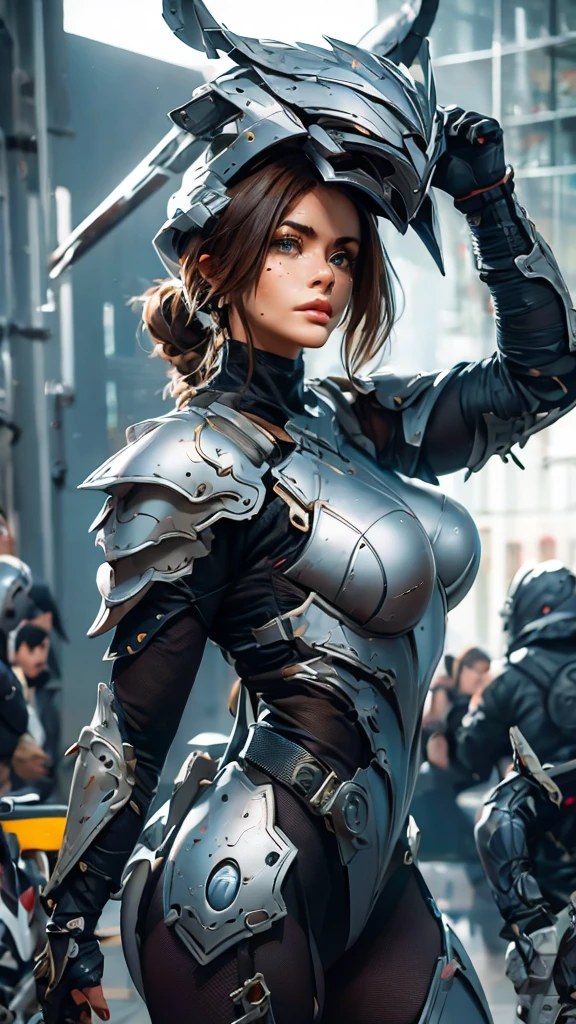 1girl,perfect face, freckles face , perfect body, big breast, wearing a tights bodysuit ,sexy futuristic armor, wearing a futuristic helmets, helmet have ear like rabbit, 