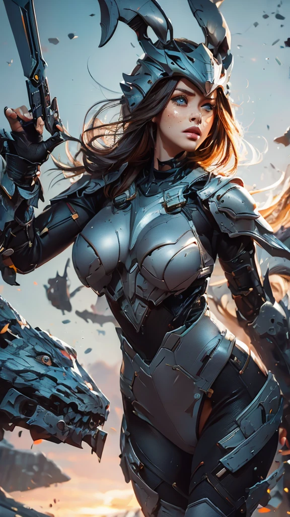 1girl,perfect face, freckles face , perfect body, big breast, wearing a tights bodysuit ,sexy futuristic armor, wearing a futuristic helmets, helmet have ear like rabbit, 