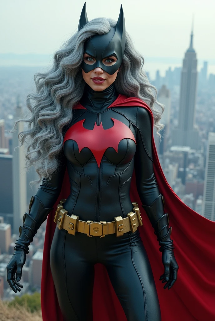 A beautiful youthful looking Hispanic version of a gray haired Ariana Grande as a 50 years old woman with long her completely gray hair in a big curls styles as the superhero batwoman wearing a batwoman costume with a hood standing on top of a hill overlooking a big city
