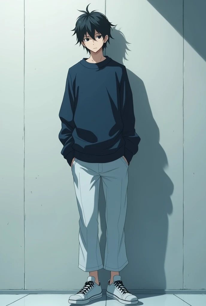 The image is anime style although somewhat dark and adult., A 2 man appears in it. He is standing in front of a white wall, He looks almost turned, almost completely on his back, He has medium-long hair and dark black eyes.. He appears serious and calculating.. He is wearing a very dark blue oversized sweater and white pants.. He also wears completely white sneakers with no details and black laces..