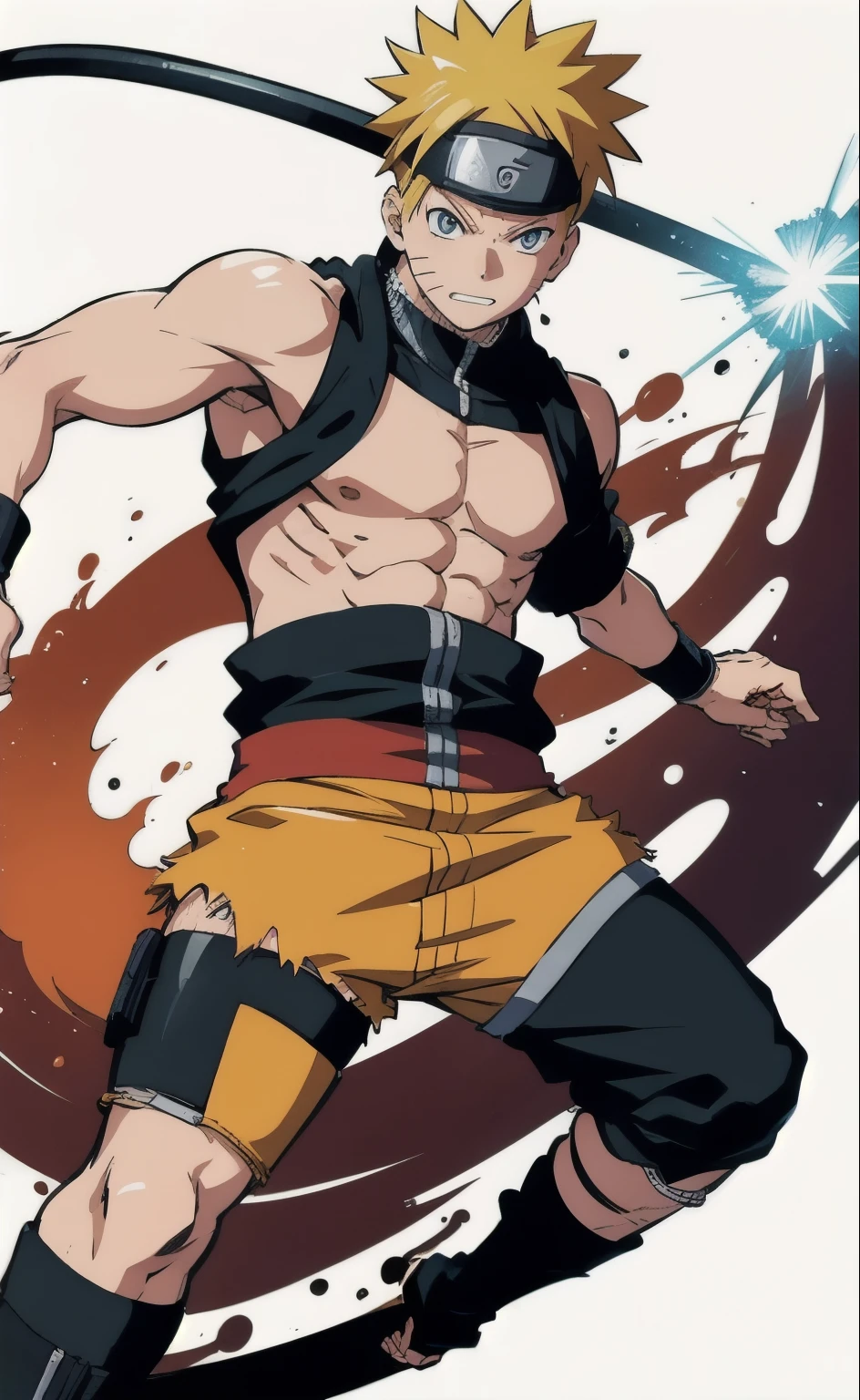 Naruto shirtless with his swords in a very strong heroic pose big chest