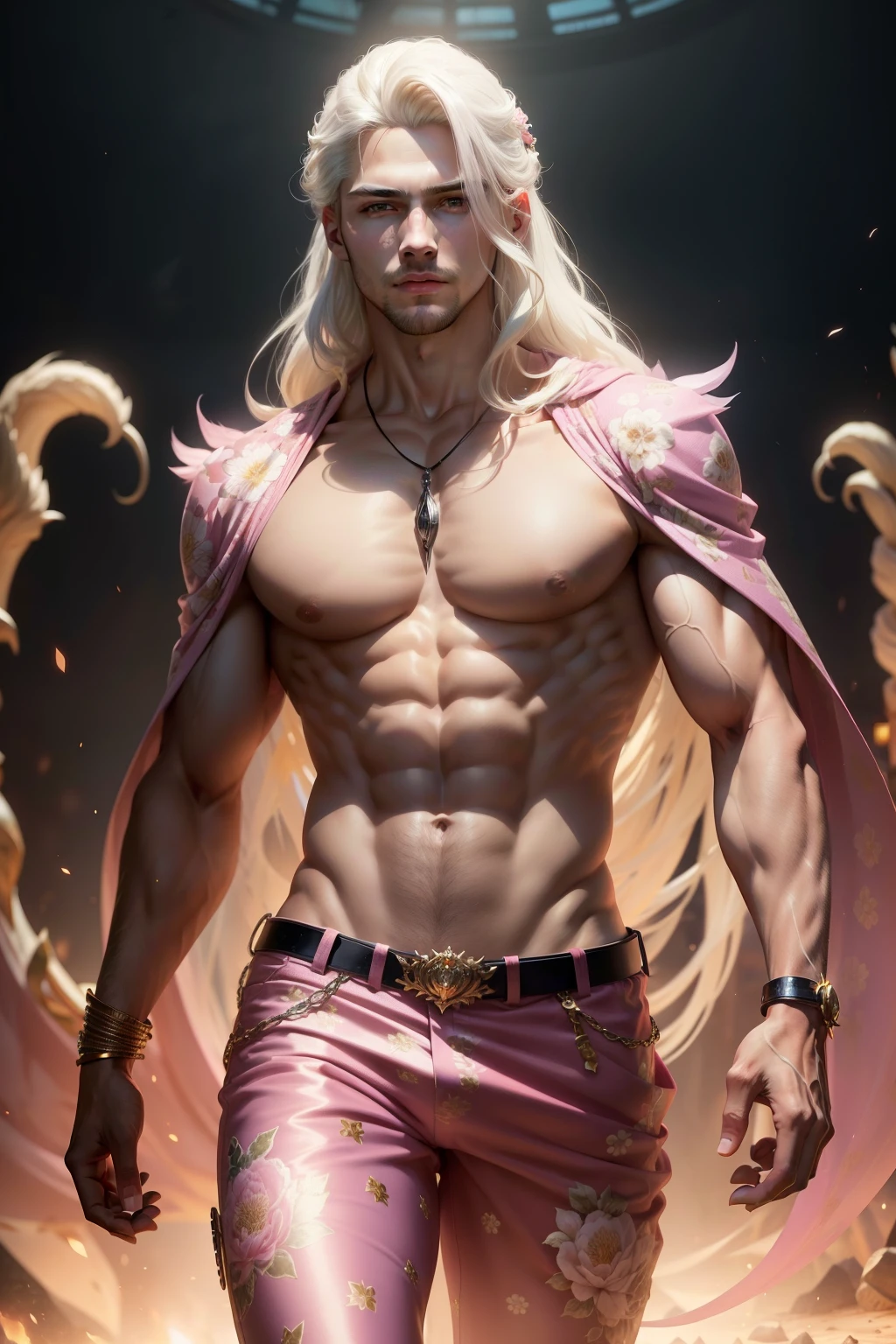(8k,shipmentsrrealista　shipments　Maximum quality;1.4) (ung boy) Super handsome king of the underworld　(lifelike face) 　(long platinum blonde hair , bright white floral hair)　slenderbody　Muscular and hairy and macho　Bright light pink floral aristocratic outfit with large golden eyes　bright light pink floral decoration　Fangs peeking out of the mouth　Pointed claws　a seductive gaze　Beautiful expression　A hyper-realistic　(King of the Underworld)　appealing　(real looking skin)　super high resolution　high détail　Luxury light pink floral pants　light pink aura emanating from the body　effect　 light pink floral transparent cover 