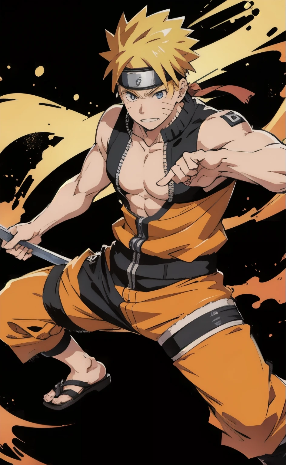 Naruto shirtless with his swords in a very strong heroic pose big chest