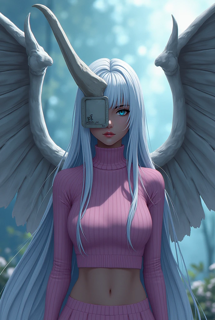 "A woman with long white hair and dark skin (her skin color is dark), wearing a pink sweater. She has cyan-blue eyes and a rectangular jawbone like a mask (it's literally a bone mask) on the left side of her face. These bones are large, and in addition, she has giant bone wings, and she has a female athletic build, including a narrow waist and slim figure."

"HD anime style 5000k and Japanese anime traits from Bleach and HD style."