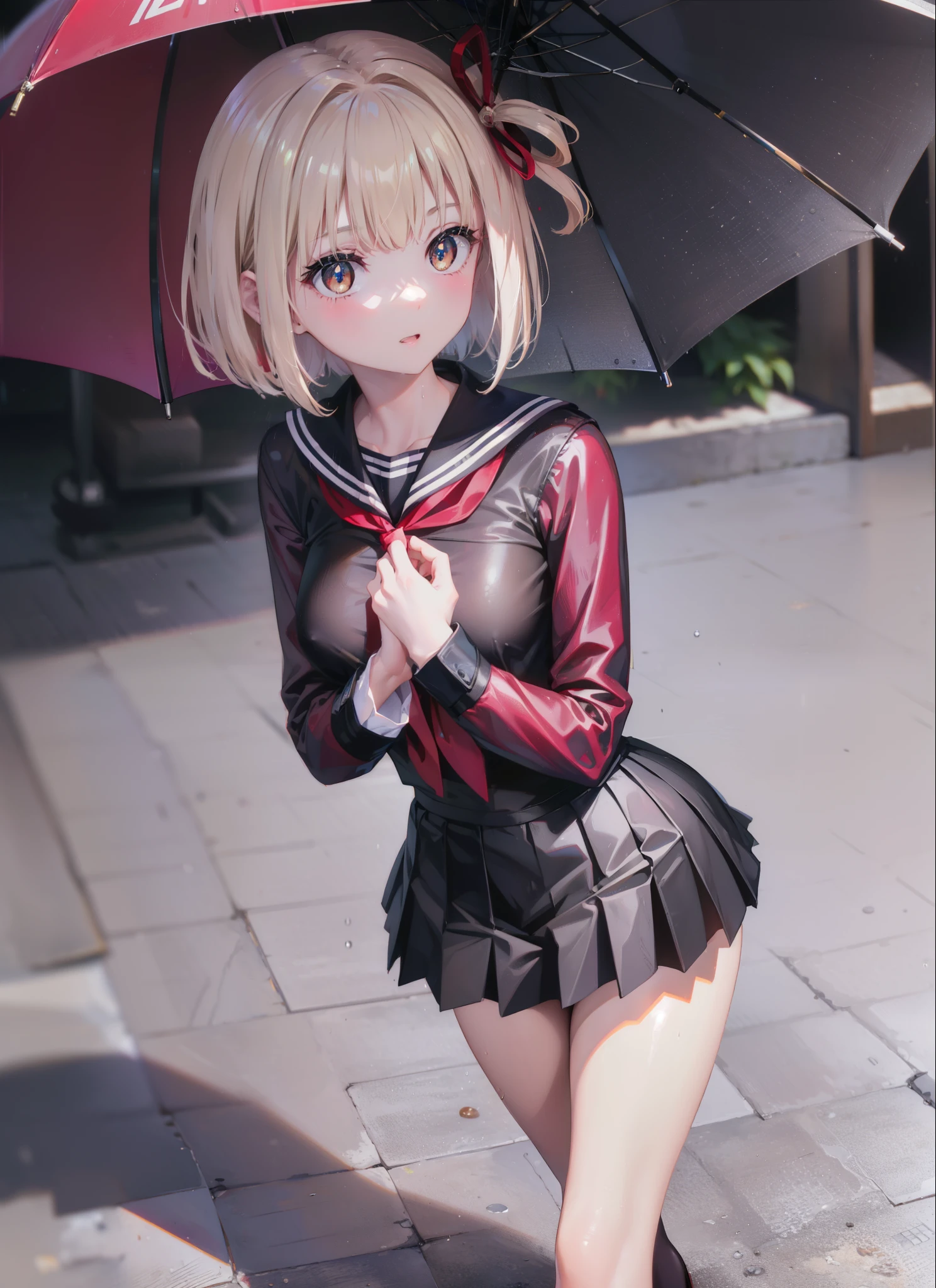 Nishikigi chisato, short hair, bangs, Blonde, (Red eyes:1.5), Hair Ribbon, One side up, Bobcut,smile,blush,Open your mouth,Black Sailor Suit,Black pleated mini skirt,Black pantyhose,Brown Loafers,walk,On the way to school,Holding the umbrella grip with both hands,rain,Cloudy,Wet road surface,whole bodyがイラストの中に入っていくように,
break outdoors, Residential Street,
break looking at viewer, whole body,
break (masterpiece:1.2), Highest quality, High resolution, unity 8k wallpaper, (shape:0.8), (Fine and beautiful eyes:1.6), Highly detailed face, Perfect lighting, Highly detailed CG, (Perfect hands, Perfect Anatomy),