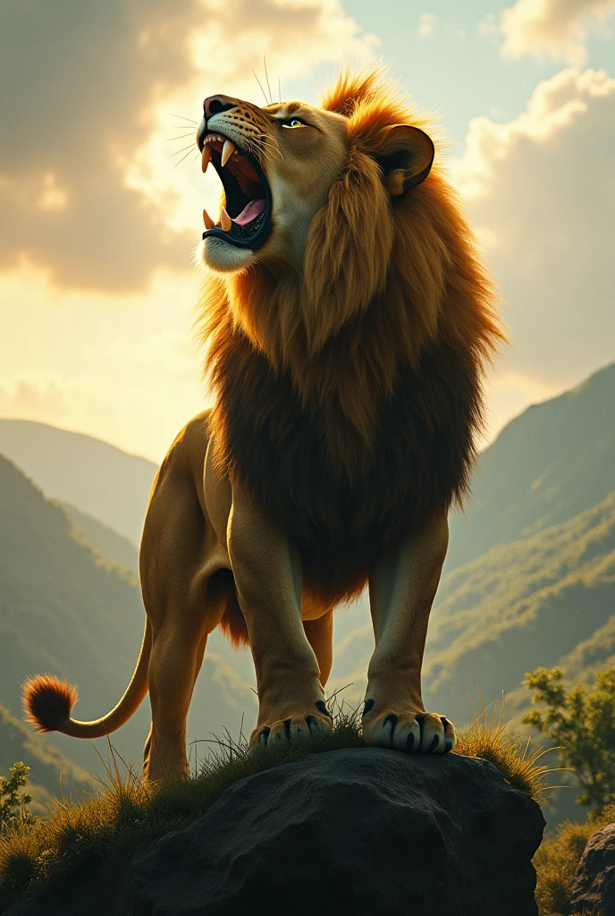 A lion roar standing at top of hill with real voice