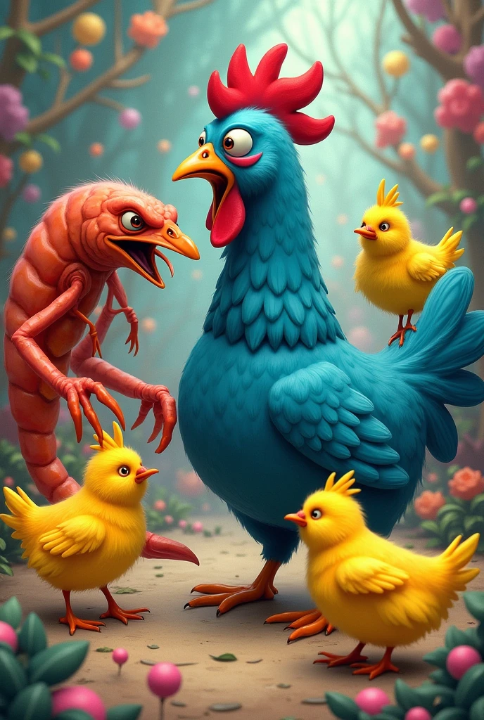Angry shrimp and yellow chicks making the blue chicken go away 
