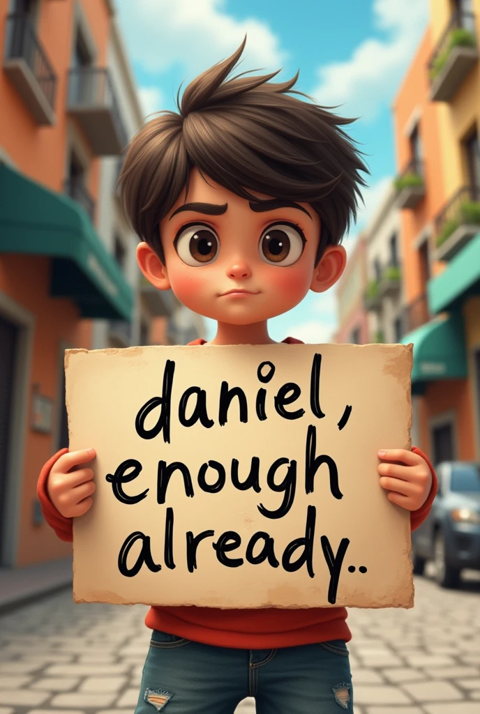 Child with a sign that says "Daniel, Enough already". The Spanish poster