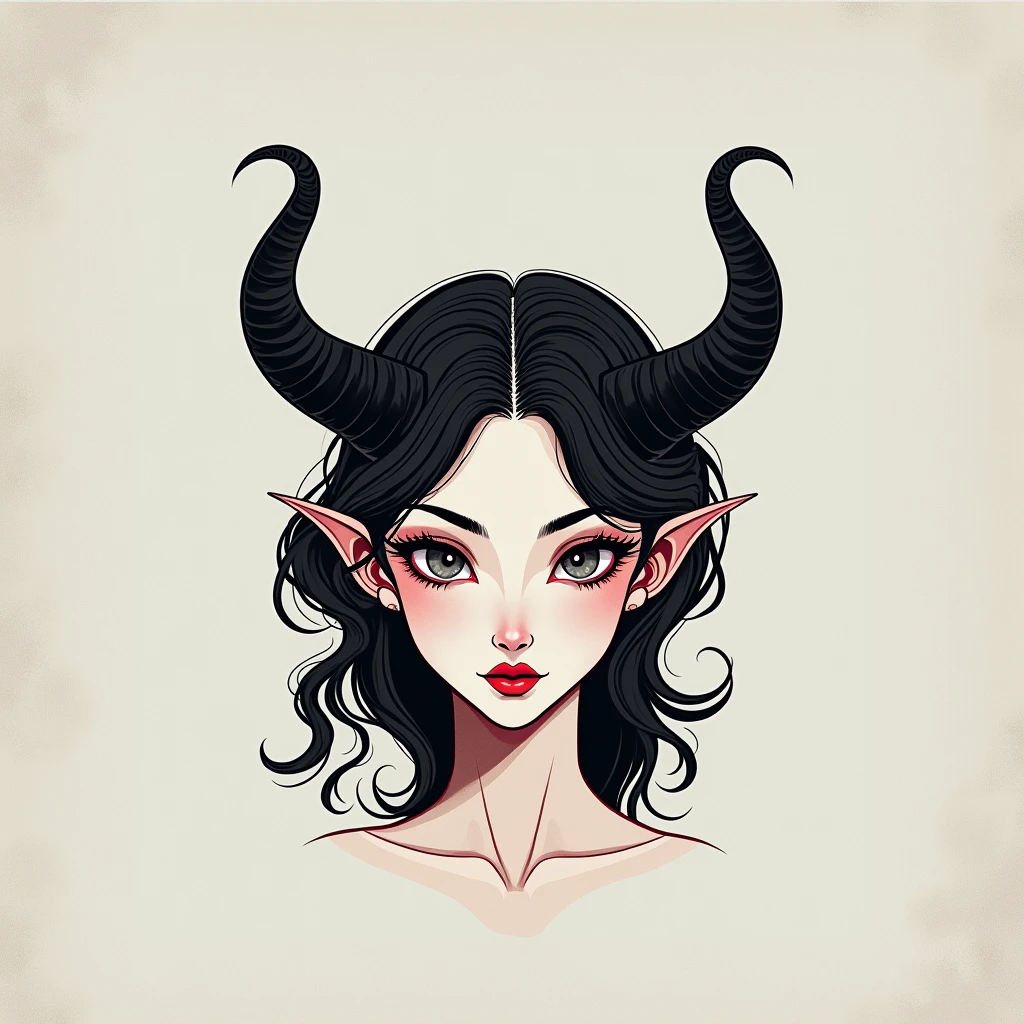 Demon Woman with Delicate Features: The head is clearly that of a woman, with soft, feminine features, such as large, expressive eyes, well-defined lips, and a delicate chin.

Simple Horns: She has two small, smooth, unadorned horns that protrude naturally from her head. These horns are discreet, with a clean, slightly backward-curving look, integrated into the design in a fluid way, without complicating the look.

Wavy Hair: The hair is designed with soft, natural waves, flowing around the head in typical Art Nouveau shapes, maintaining the organic style, but without too much detail. The lines of the hair follow the natural flow of the composition.

Neotraditional Lines: The neotraditional style would feature bold lines that define the face, horns, and hair, with simple shading to highlight the shape, but maintaining the minimalist and striking aesthetic.

Simple Colors: The palette can include subtle tones, such as a light red or gray tones for the skin and black for the horns, creating a simple and elegant contrast without overwhelming the design.