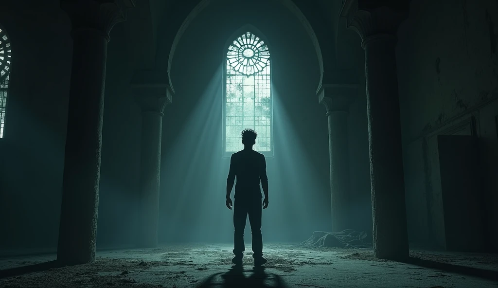 (Horror story title : Night behind the door of the old mosque)
Scene 4: The atmosphere in the mosque**
- Dark interior image of a mosque, illuminated only by the moonlight coming in through the cracks of the cracked window.
- Hasan stood in the middle of the mosque, feel something is strange, with the hair on the back of his neck standing up.
