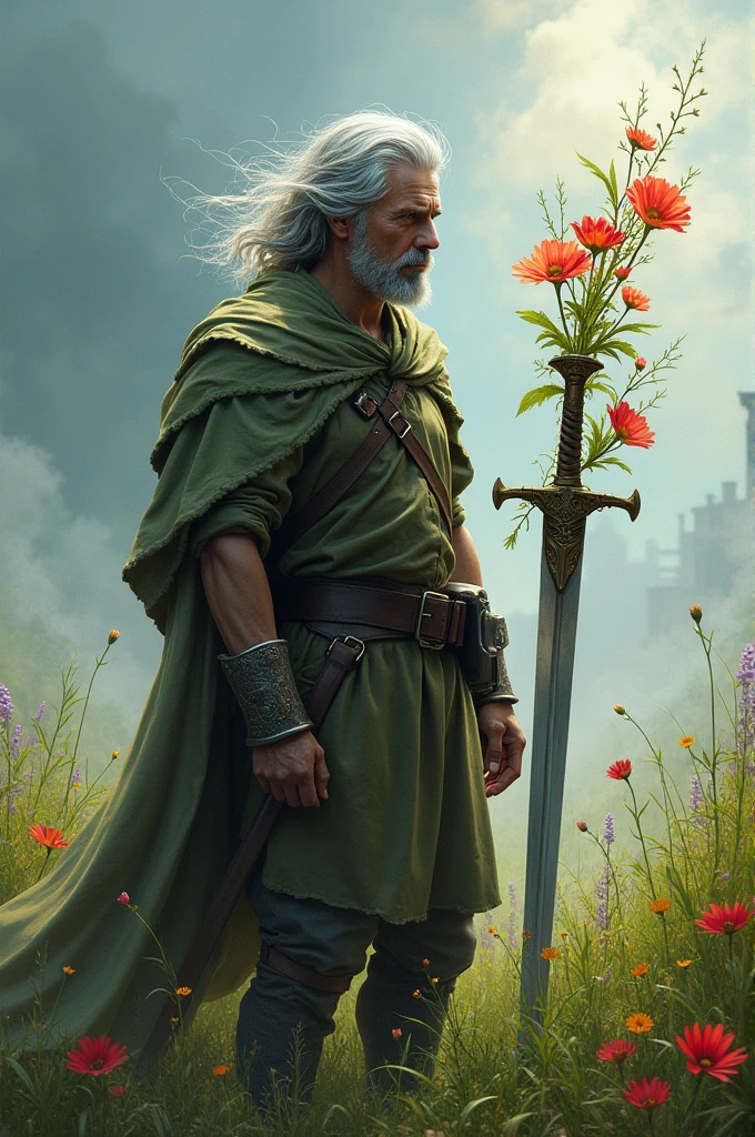 a soldier with gray hair blowing in the wind, holding a sword stuck in the ground and a field of flowers coming out of that sword