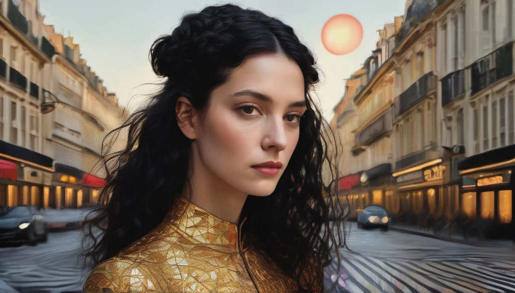 Marie Anne lenormand, white woman with black curly hair, caminando sobre las calles de París del siglo 18, muchas personas a su alrededor,Beautiful line art photo,Use gold strokes and rainbow paint,Golden Maiden,the golden ratio,Melted wax,Visible brush strokes,surrounded by crystal spheres,3D Mosaic Wireframe,neuroimaging,neurons,colours,california,intense emotion,oil on canvas,Thick strokes,insanely details,8k ultra high definition,tmasterpiece,art station