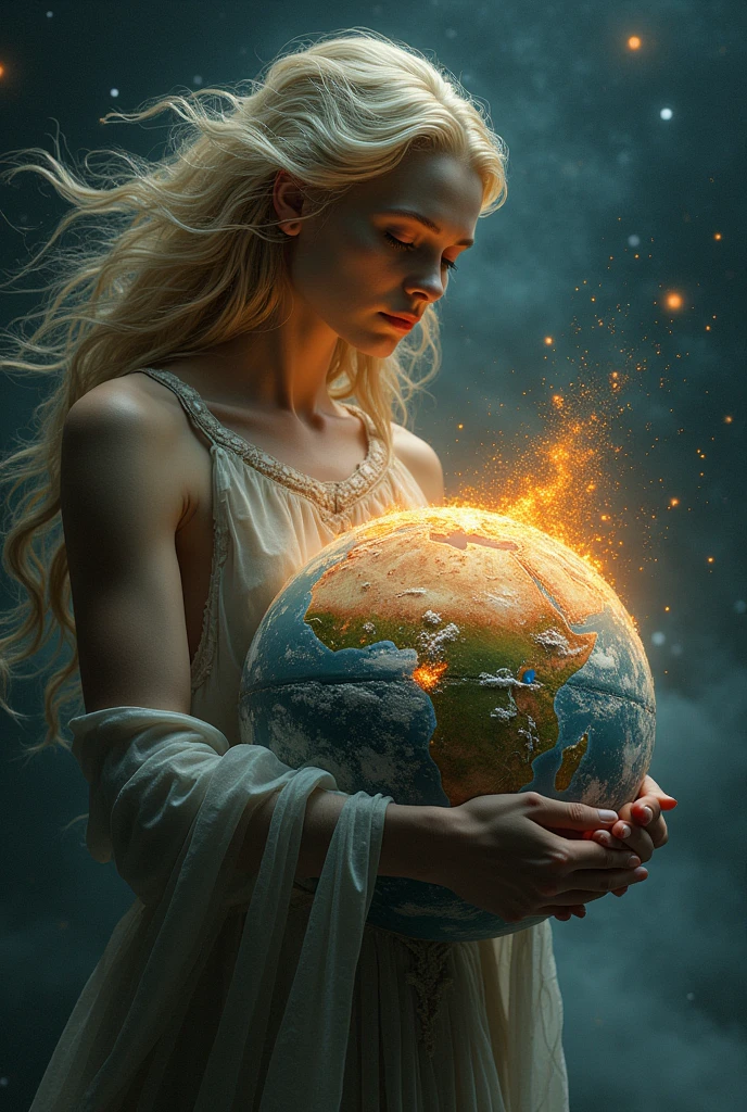 ultra realistic image of mother earth gaia hugging looking at planet earth, more specifically Brazil, containing the flames of the fires, convey depth