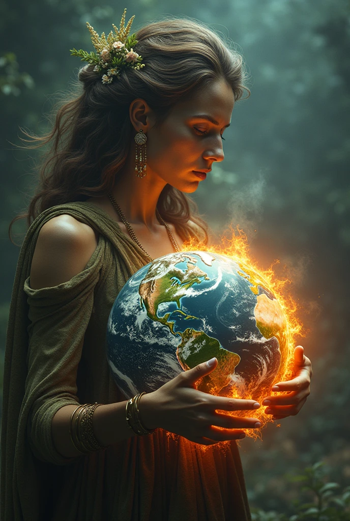 ultra realistic image of mother earth gaia hugging looking at planet earth, more specifically Brazil, containing the flames of the fires, convey depth