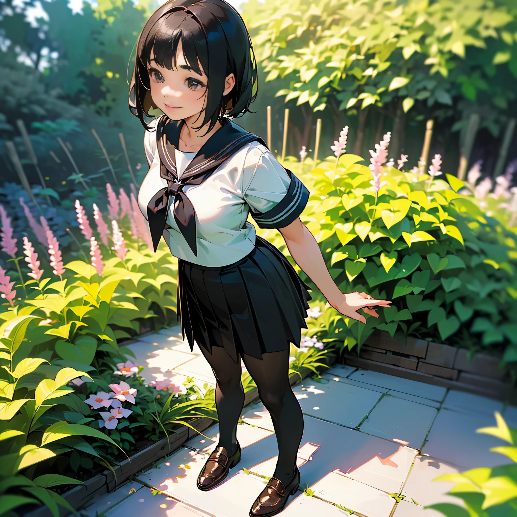 (Highest quality, High resolution, Super detailed, Realistic:1.37), Peaceful atmosphere, (Outdoor, garden), Teenage girl standing alone,(my breasts are big.),Beautifully detailed features, Cute Smile, ((Black bob hair)),Short-sleeved sailor uniform, Pleated skirt,Black tights,Brown leather shoes.