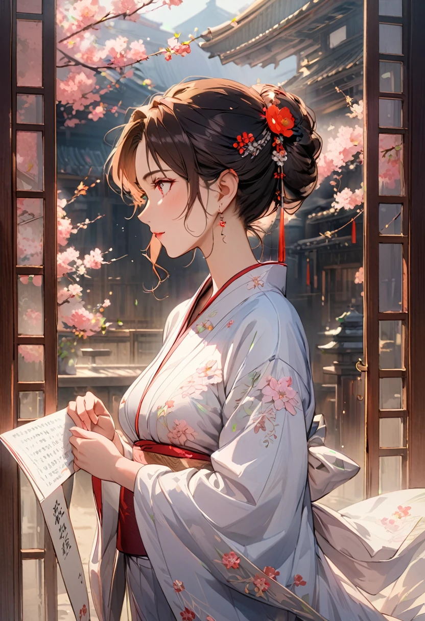 (masterpiece:1.2, Highest quality), (Beautiful Eyes: 1.2), ((One person)), ((alone)), (Red eyes:1.4), (Beautiful Eyes and exquisite face:1.3), ( Beautiful and vivid background: 1.2), (Very detailedCG, Very detailed, Best Shadow: 1.1), ((Depth of written boundary)), ((watercolor)), (They are: 1.5), (kimono: 1.3), Big Breasts , Exposing shoulders, Flowers and petals, Beautiful concept art, (White Background: 0.5), (figure: 1.1), (Very delicate: 1.1), (Perfect detail: 1.1), profile, Cowboy Shot,