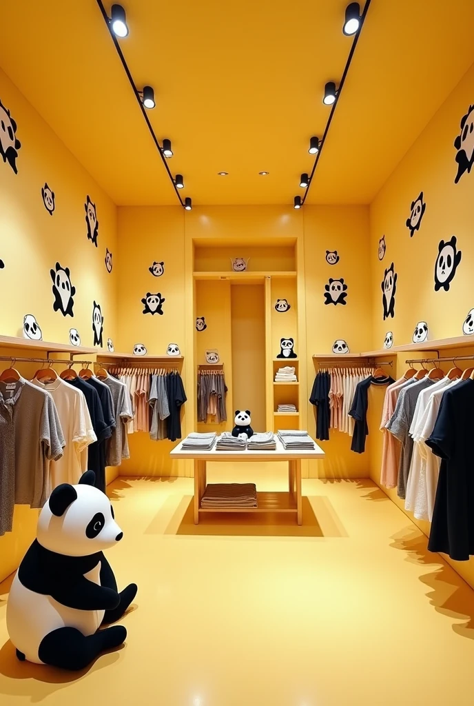 Decoration of a panda-themed clothing boutique with a vanilla yellow background