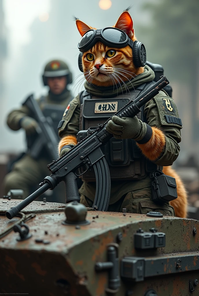 A cat with an AK in his hand, a bulletproof vest with the letters CDN, a modern military helmet and camouflage clothing on top of a narco tank with a beret in sight.