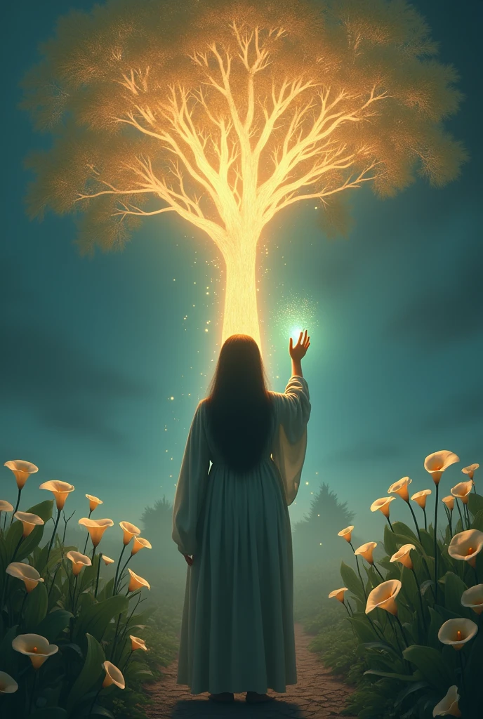 person facing a white glowing tree with their right hand raised. Trail of calla lily flowers
