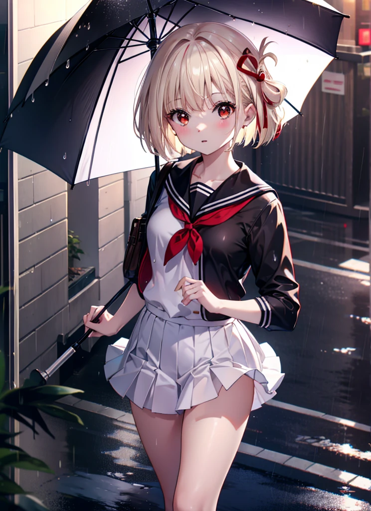 Nishikigi chisato, short hair, bangs, Blonde, (Red eyes:1.5), Hair Ribbon, One side up, Bobcut,smile,blush,Open your mouth,Black Sailor Suit,Black pleated mini skirt,Black pantyhose,Brown Loafers,walk,On the way to school,Holding the umbrella grip with both hands,rain,Cloudy,Wet road surface,whole bodyがイラストの中に入っていくように,
break outdoors, Residential Street,
break looking at viewer, whole body,
break (masterpiece:1.2), Highest quality, High resolution, unity 8k wallpaper, (shape:0.8), (Fine and beautiful eyes:1.6), Highly detailed face, Perfect lighting, Highly detailed CG, (Perfect hands, Perfect Anatomy),