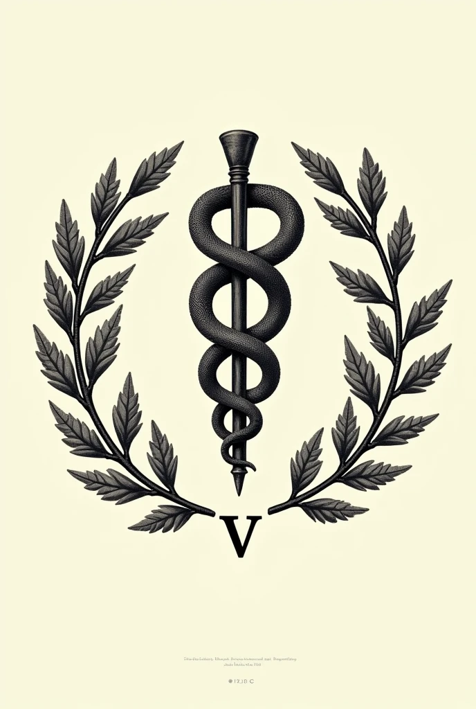 Asclepius: The serpent wrapped around a healing and medicine stick. On the coat of arms of veterinary medicine, a serpente pode aparecer em volta da letra V

Ramos de oak tree e bay leaves: These branches usually surround the main symbol., representing strength (oak tree) and victory (bay leaves).

With the letter V at the bottom.