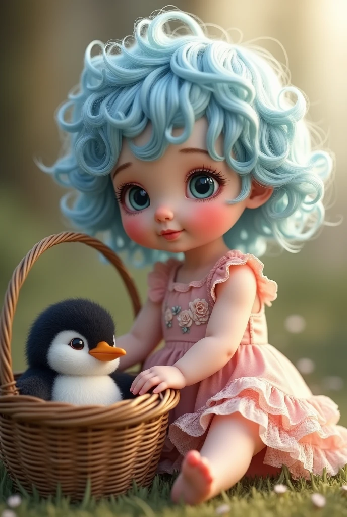 A very very baby with very curly blue hair, a pink dress with a picture of white roses on it, a wooden basket with a penguin inside.