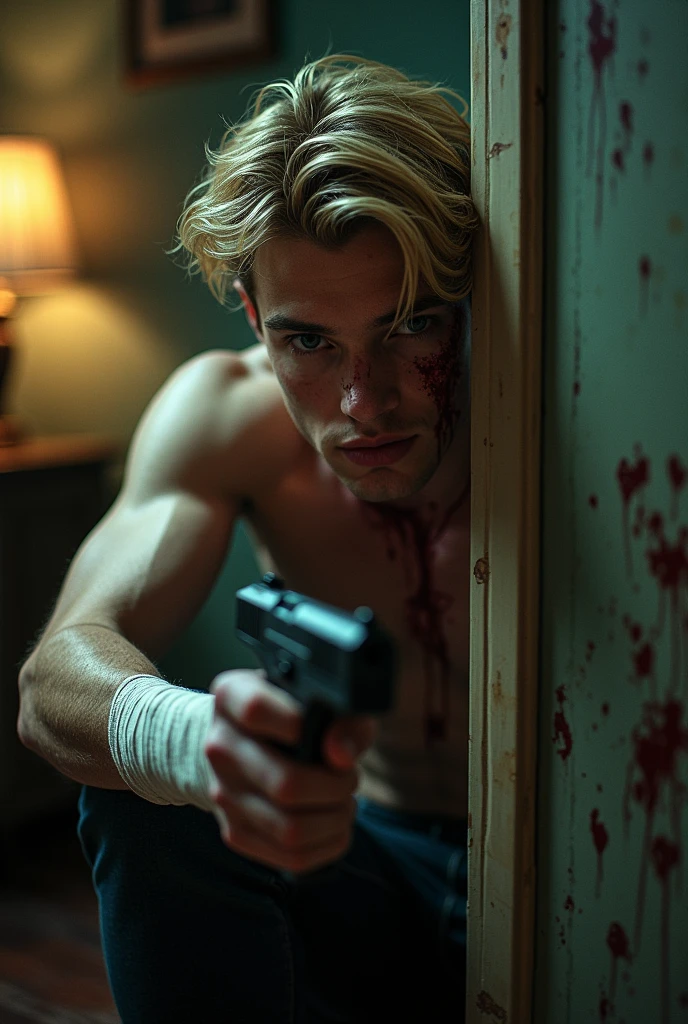 handsome man, hidden behind a zombie&#39;s furniture with a loaded gun in his hand and blood on his face, arm bandaged with a bandana, blond man. 20 year old guy.
