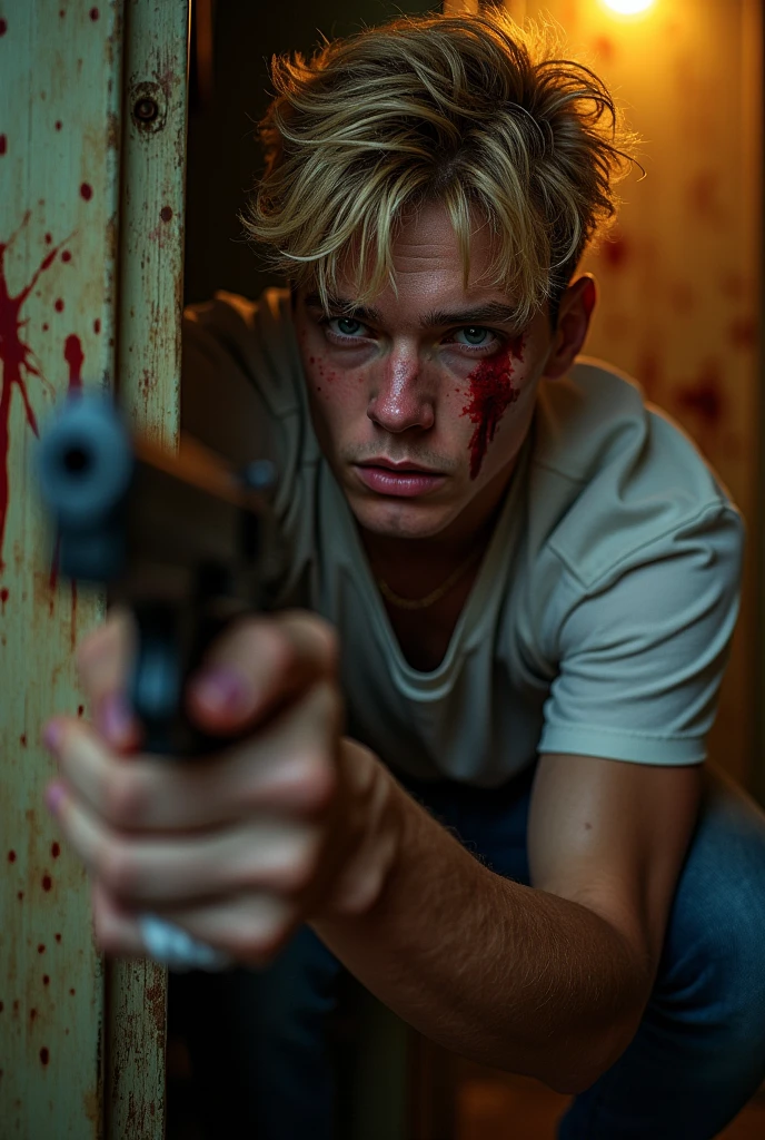handsome man, hidden behind a zombie&#39;s furniture with a loaded gun in his hand and blood on his face, arm bandaged with a bandana, blond man. 20 year old guy.