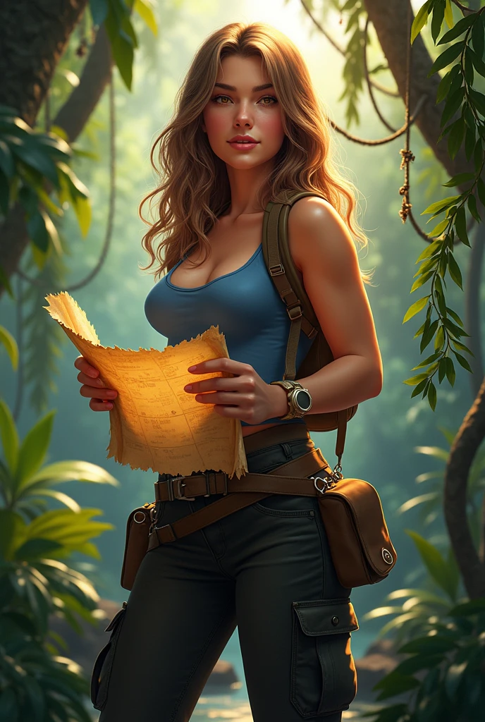 A confident 1 young woman, with wavy light brown hair, Pale skin, brown eyes, curvy hips, wearing black cargo pants and a blue tank top, standing in the jungle, holding a treasure map