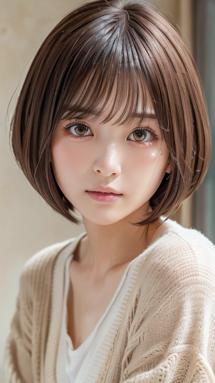 Highest quality, Face Focus, Soft Light, Ultra-high resolution, (Realistic:1.4), RAW Photos,
One of the Japan, alone, cute, (pupil, light in your eyes), Beautiful face in every detail, (),(High resolution detail of human skin texture),
(Bobcut)、Loose and fluffy hair、
indoor,
cardigan、sheer
(Portraiture)