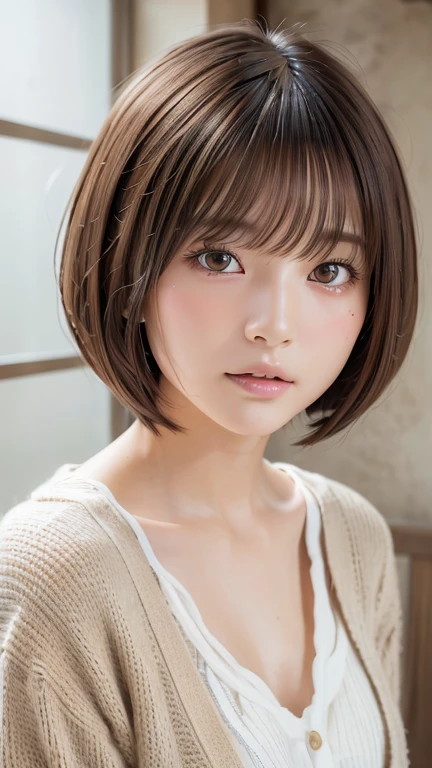 Highest quality, Face Focus, Soft Light, Ultra-high resolution, (Realistic:1.4), RAW Photos,
One of the Japan, alone, cute, (pupil, light in your eyes),  Beautiful face in every detail, (),(High resolution detail of human skin texture),
(Bobcut)、Loose and fluffy hair、
indoor,
cardigan、sheer
(Portraiture)