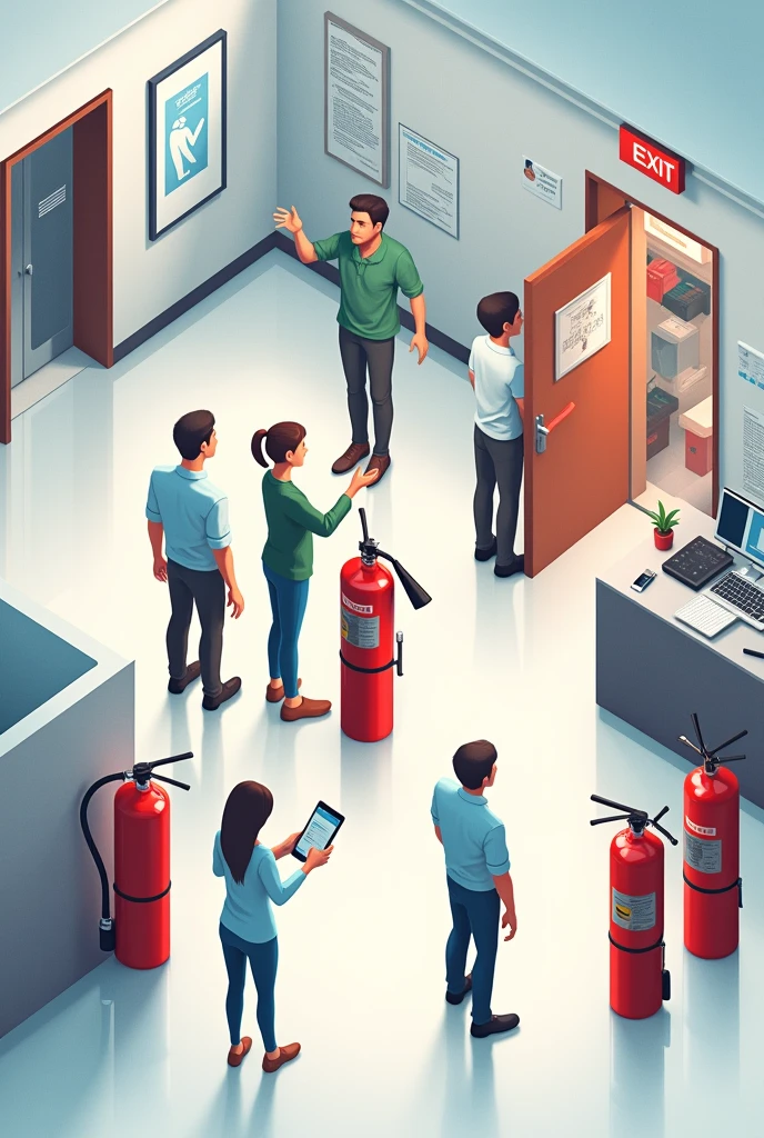 A realistic image illustrating methods of preventing and combating disasters, highlighting fire extinguishers and emergency doors in a clear and organized environment