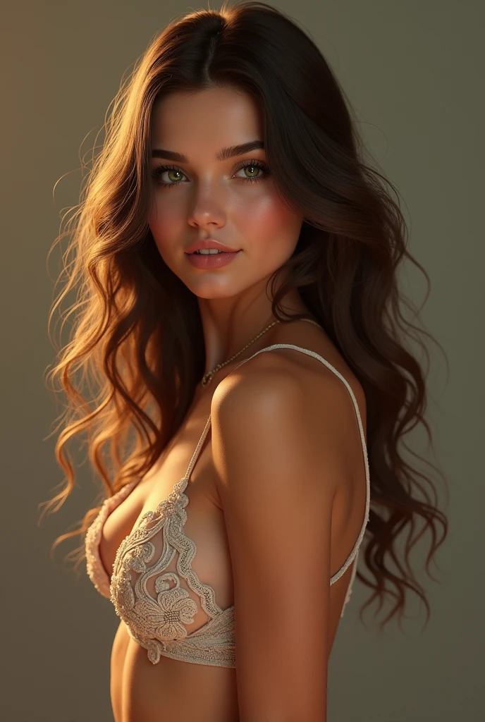 Sofía has long, wavy brown hair and bright green eyes. Her skin is light with warm undertones. She has a balanced figure with medium-sized breasts and a moderately sized buttocks, maintaining an elegant and harmonious appearance. Her style is flirtatious and charming, with a confident posture and a charismatic presence.