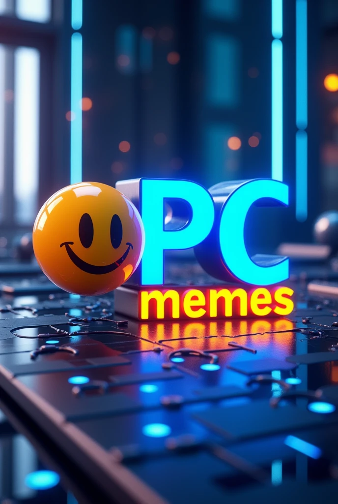 A futuristic style image for Kwai's profile with the words PC in blue and MEMES in yellow and a smiling emoticon