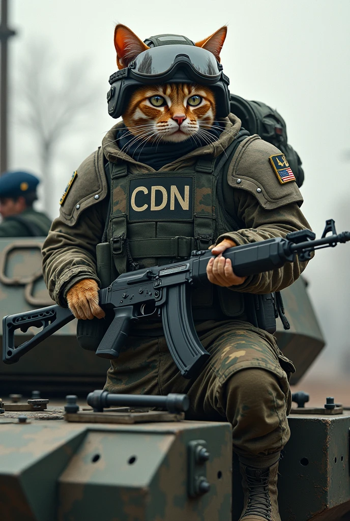 A cat with an AK in his hand, a bulletproof vest with the letters CDN, a modern military helmet and camouflage clothing on top of a narco tank with a beret in sight.