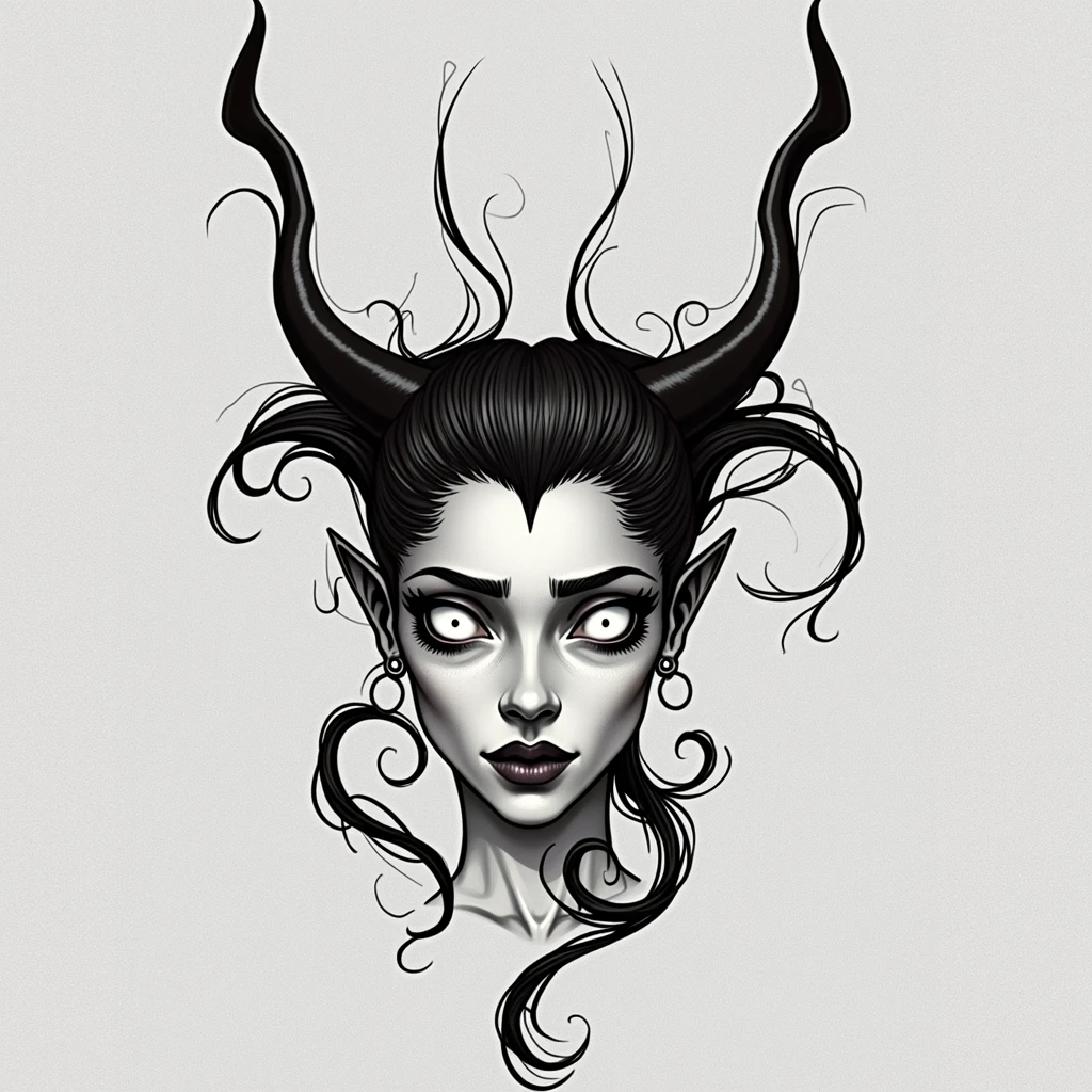 Demon Woman with Delicate Features: The head is clearly that of a woman, with soft, feminine features, such as large, expressive eyes, well-defined lips, and a delicate chin.
Simple Horns: She has two small, smooth, unadorned horns that protrude naturally from her head. These horns are discreet, with a clean, slightly backward-curving look, integrated into the design in a fluid way, without complicating the look.
Wavy Hair: The hair is designed with soft, natural waves, flowing around the head in typical Art Nouveau shapes, maintaining the organic style, but without too much detail. The lines of the hair follow the natural flow of the composition.
Neotraditional Lines: The neotraditional style would feature bold lines that define the face, horns, and hair, with simple shading to highlight the shape, but maintaining the minimalist and striking aesthetic.
Simple Colors: The palette can include subtle tones, such as a light red or gray tones for the skin and black for the horns, creating a simple and elegant contrast without overwhelming the design.