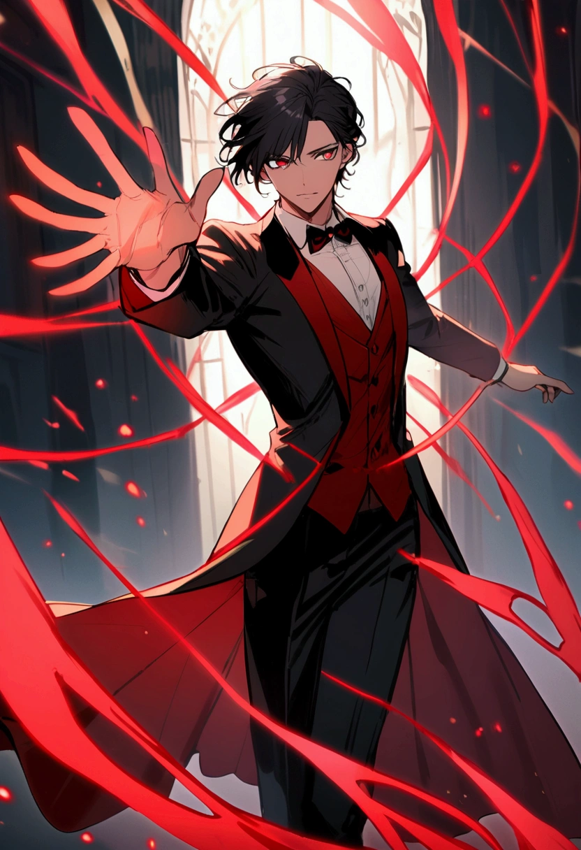 man with short black hair, dark red eyes, black and red formal wear