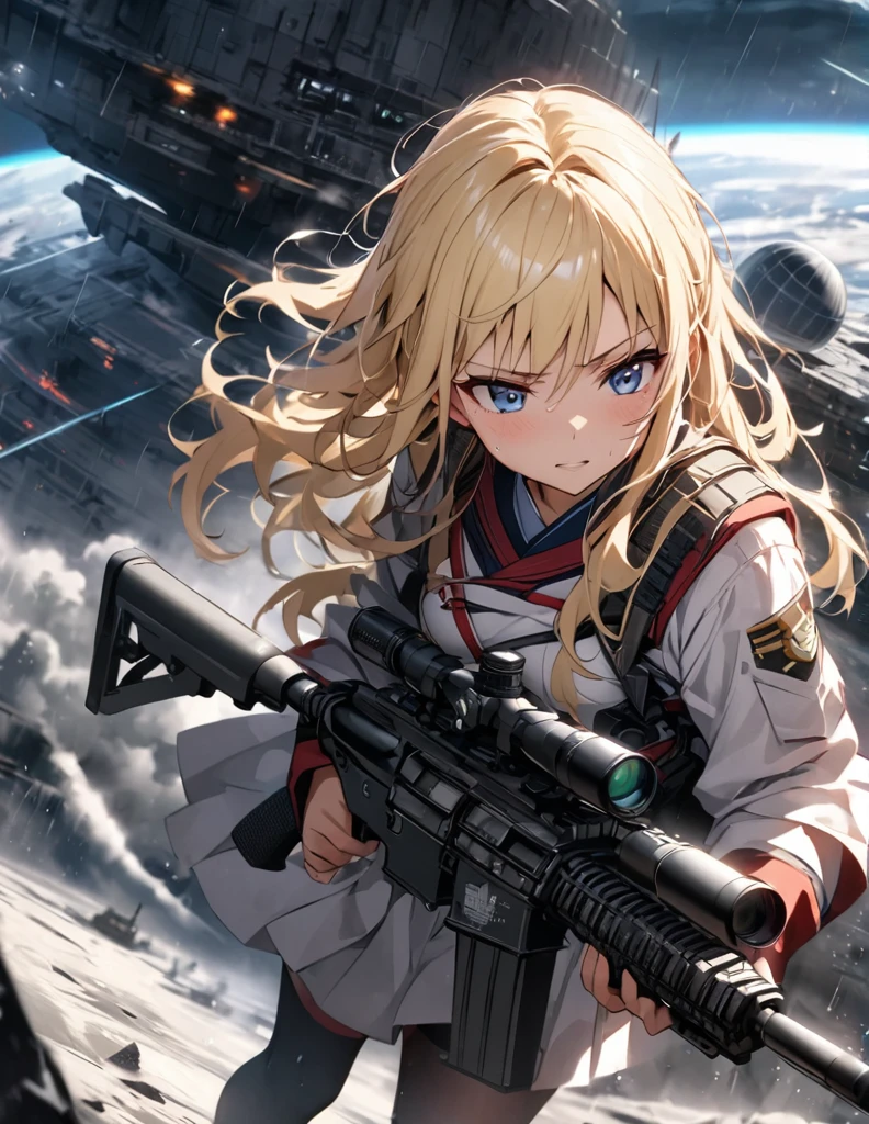 (anime)、(masterpiece:1.2),Atmospheric perspective,Lens flare、Fog of Battlefield、Death Star, Makes the world look grey、When it rains, The female soldier is crouching.。With an irritated look on his face, he vows revenge..。Rain-soaked hair、blonde、blue eyes、Space Battleship Yamato、Traces of fierce fighting are everywhere、Smoke rising from everywhere、A work of blurry color M4 Carbine,Possession of a gun