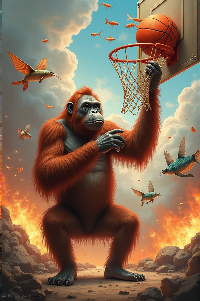 An orangutan making a basketball hoop while there is an explosion with shrimps and Jesus behind him and there are fish with wings flying around