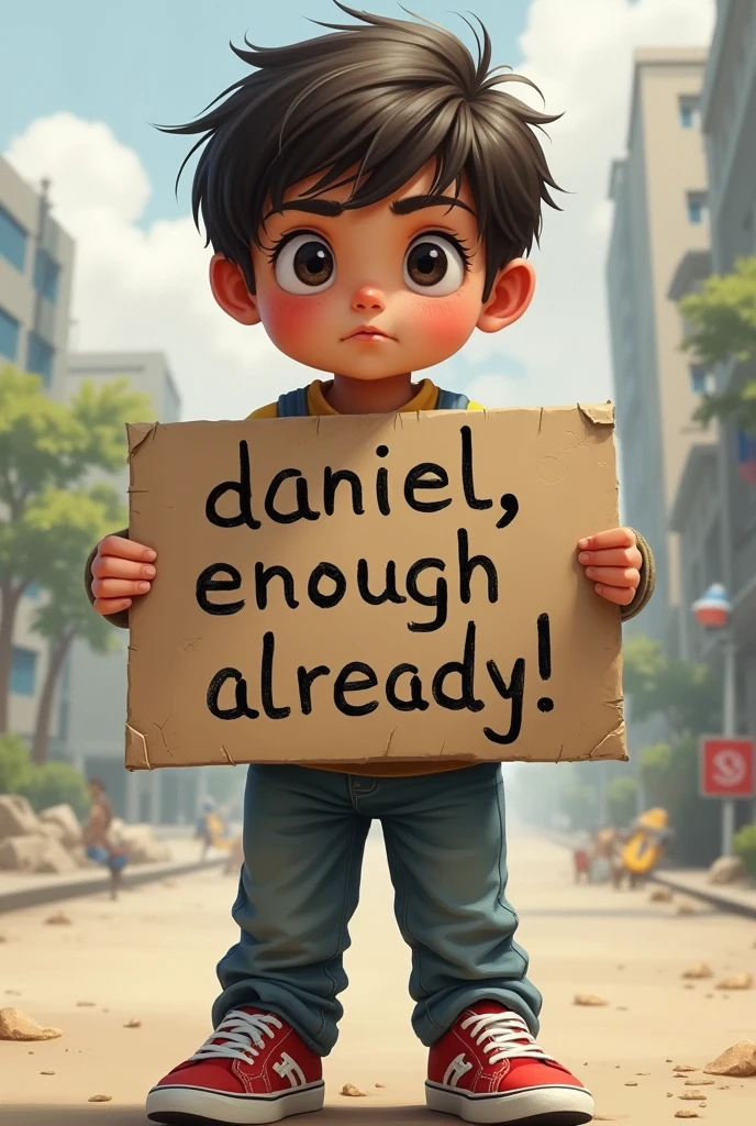 Child with a sign that literally says "Daniel, Enough already".