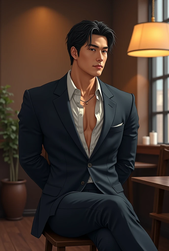 A handsome Japanese man,Handsome sportsman,Broad shoulders and narrow waist,Dress shirt and tie,handsome and elegant, Sexy masculine,Handsome man in black and grey suit, Wear a shirt,The neckline is slightly open, Fabric that fits the body outlines the contours of the chest,Inside the cafe,Sit on a chair, Tie your hands behind your back。Masculine and handsome,expensive,Muscles feel good,Wheat skin,Iris(Narrow eyes 1:3),Full body image
