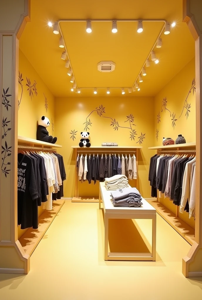 Decoration of a panda-themed clothing boutique with a vanilla yellow background