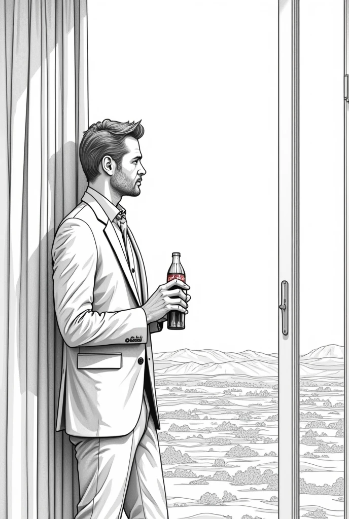 Line drawing, strip, a man looking at the landscape from the window of his luxury apartment with a glass of soda coca-cola in his hand, He's wearing a black suit, more detail, enhnaced, porkal