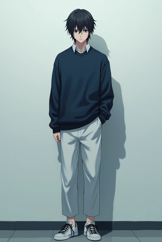 The image is anime style although somewhat dark and adult., A 2 man appears in it. He is standing in front of a white wall, He looks almost turned, almost completely on his back, He has medium-long hair and dark black eyes.. He appears serious and calculating.. He is wearing a very dark blue oversized sweater and white pants.. He also wears completely white sneakers with no details and black laces..
