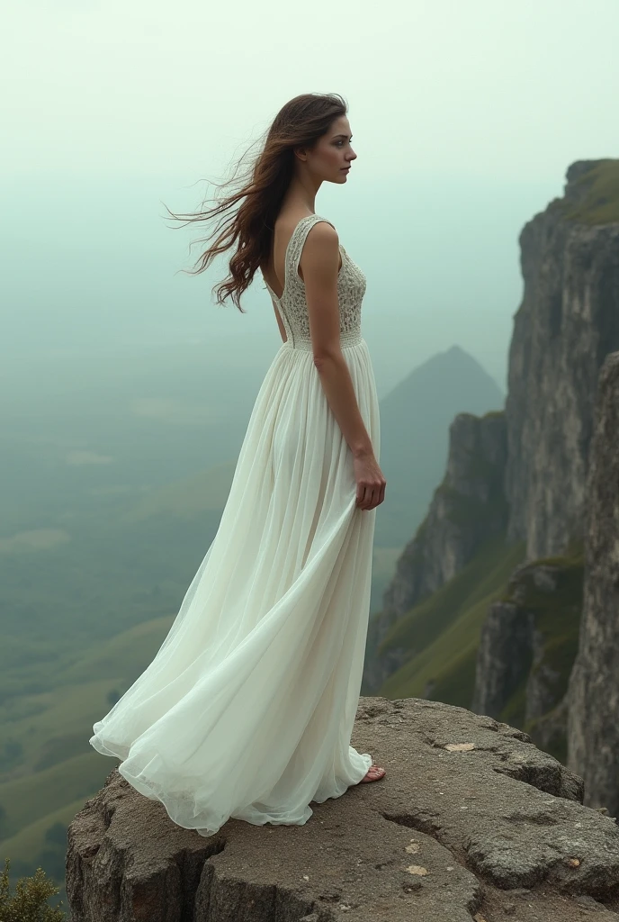 a woman dressed in white standing on a rocky cliff, inspired by Edward Robert Hughes, Photography by Tom Chambers, inspired by Tom Chambers, ethereal beauty, by Antoine Verney-Carron, a stunning young ethereal figure, inspired by Pierre Puvis de Chavannes, on a cliff, Portrait of Romanticism, Isolde, inspired by Antonio Ciseri