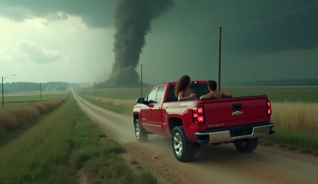 It's a drone footage of a man and a woman in a red pickup truck who try to stop a tornado that's coming to town in a way that destroys a lot of things.