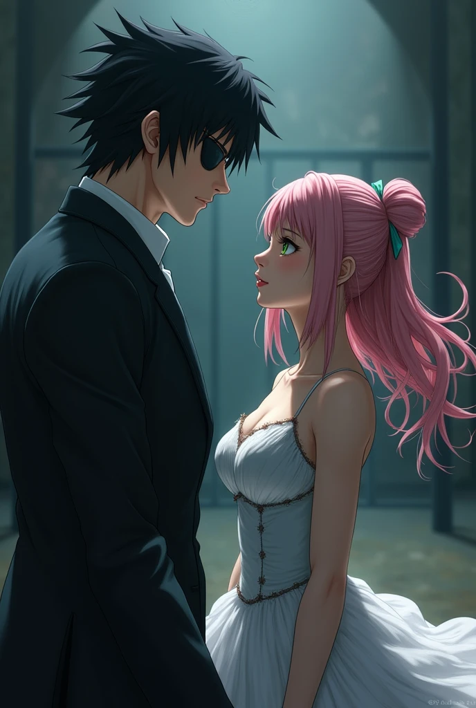Sasuke Uchiha a 30 year old man with black eyes and hair wearing a dark suit and an eye patch watching Sakura Haruno a 20 year old girl with green eyes and light pink hair dressed as a ballet dancer 